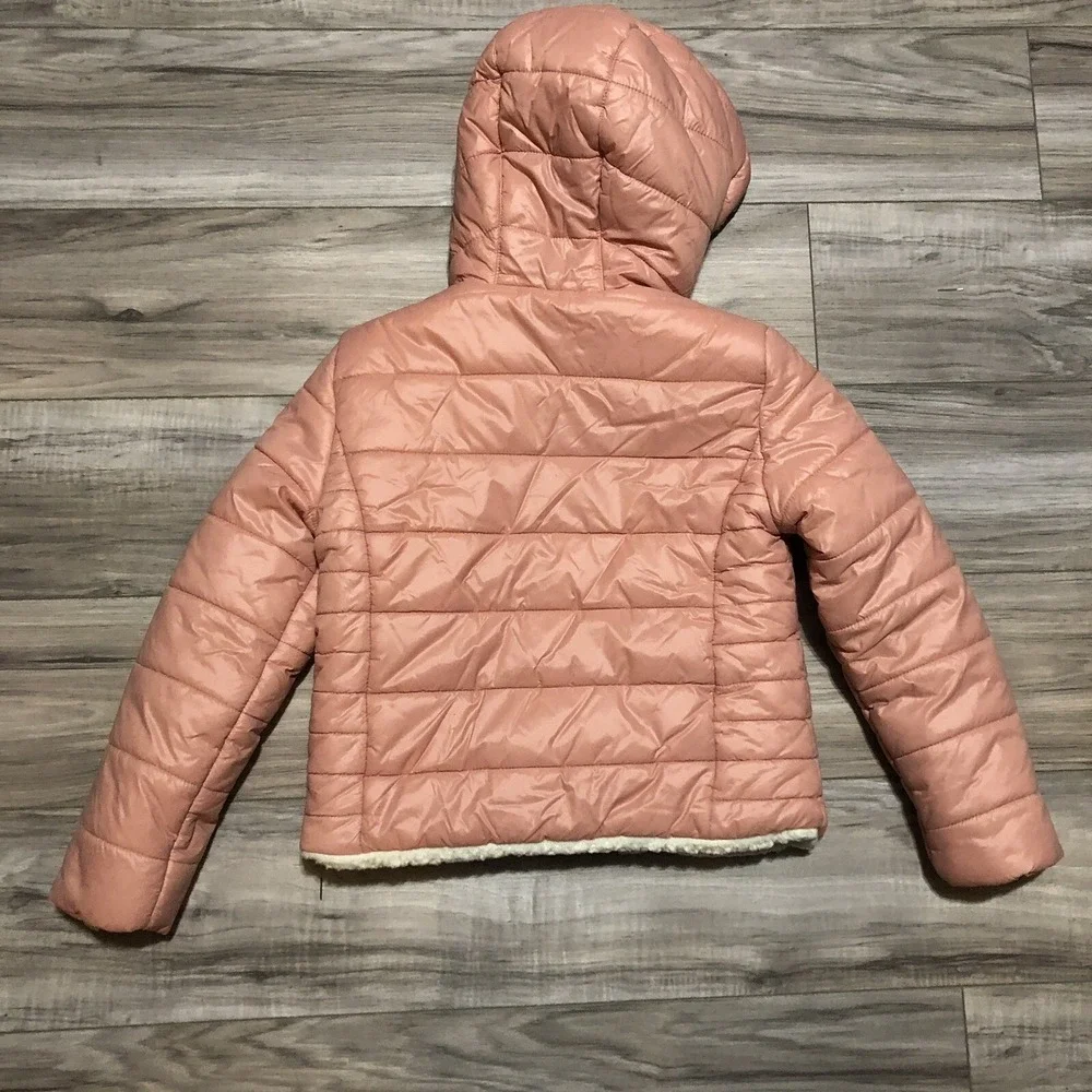 MICHAEL KORS Girls Puffer Zip Jacket Hooded Faux Fur Lined Blush Pink Sz 6X EUC